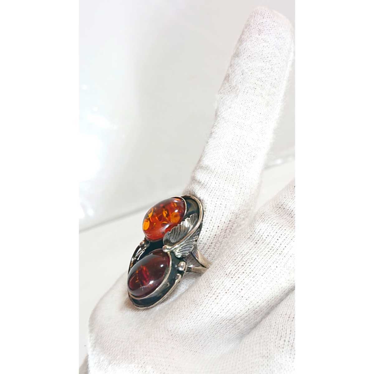 4776 SILVER925 amber ring 15 number silver 925 natural stone 2 stone amber ko Haku antique Indian jewelry unisex beautiful stone 