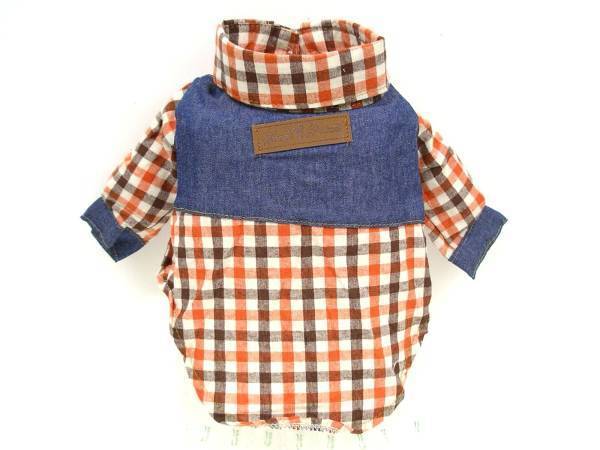  orange M small size dog clothes autumn winter check. flannel shirt neck around 30cm chest 42cm. height 30cm Denim interior walk pet accessories new goods free shipping 