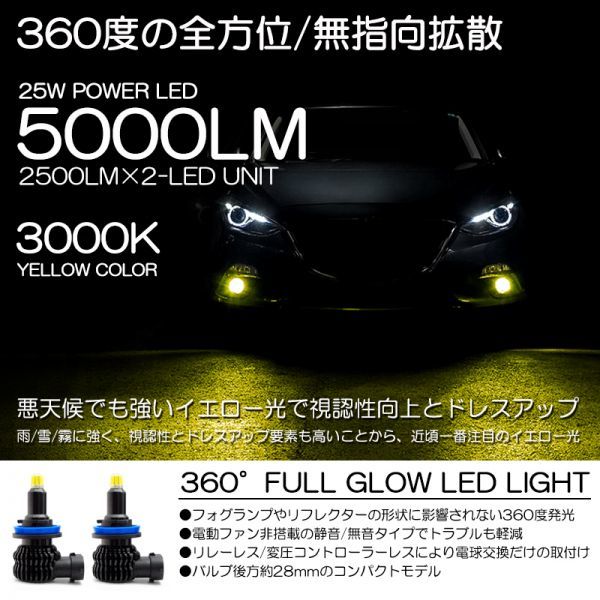 200系 中期 ランドクルーザー/ランクル LED フォグランプ H16 25W 6000ルーメン 360度全方向拡散 3000K/イエロー/黄色 車検対応_画像1