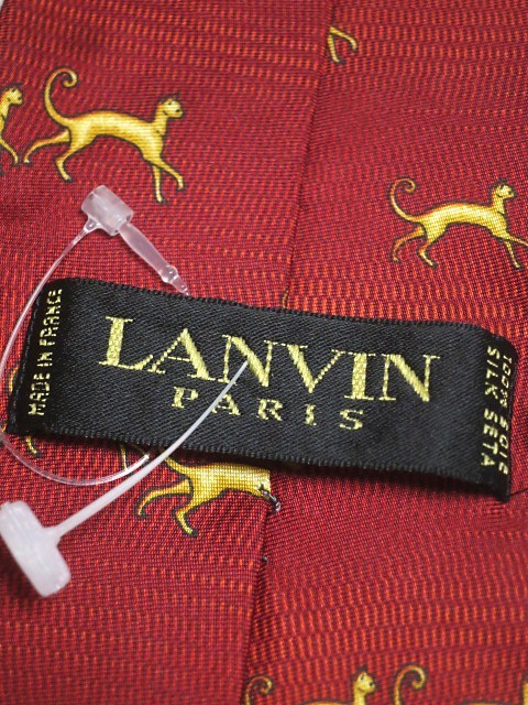 ランバン LANVIN 美品 未使用品 微光沢 ネクタイ シルク 猫科 アニマル 動物 ねこ科 レッド系ベース 赤系 R-005746 ゆうパケット_画像6