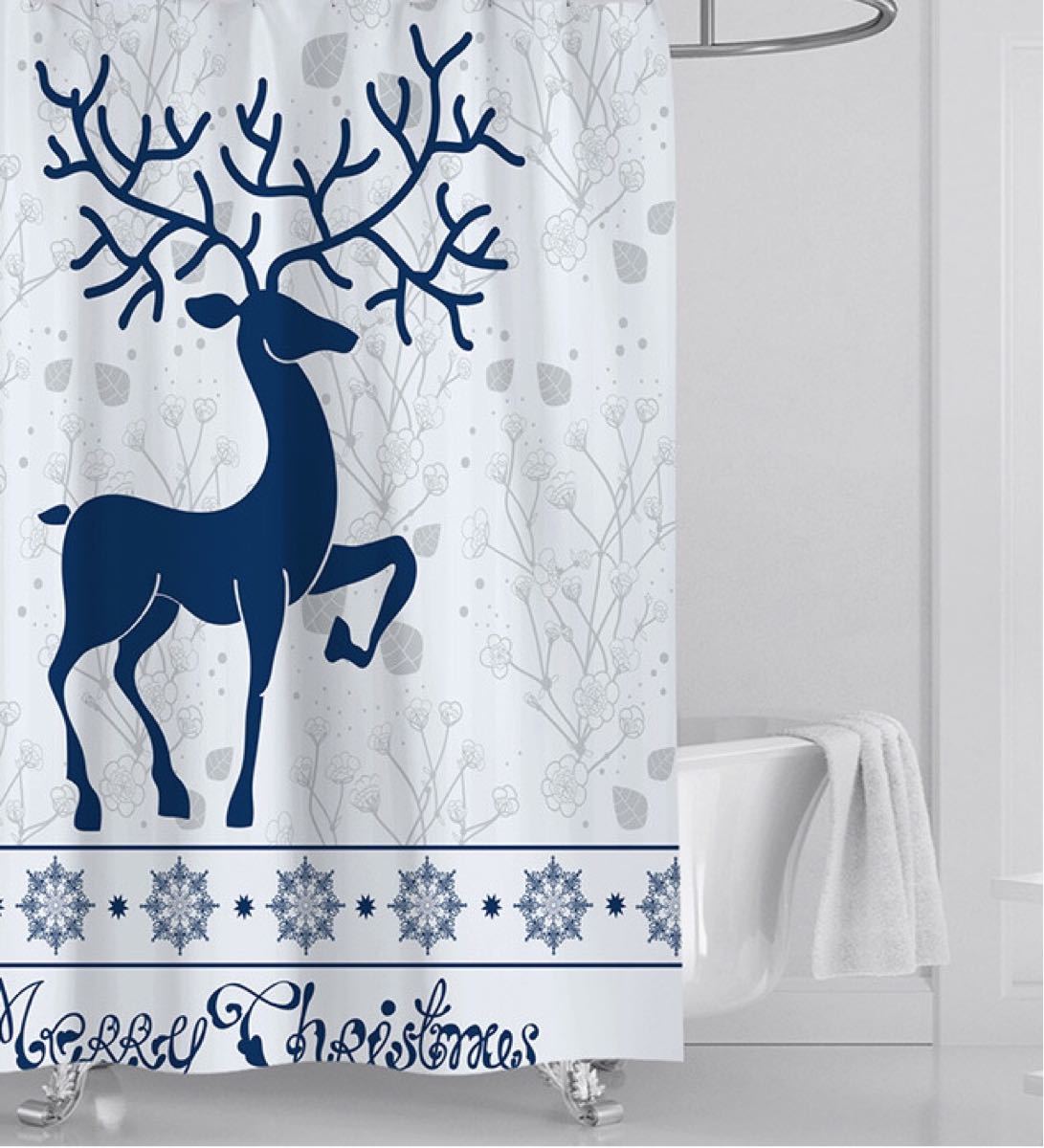 新品　シャワーカーテン　150x180cm 防カビ　撥水　青色　クリスマス鹿柄　雰囲気　飾り　軽量 速乾　バス用品　間仕切り