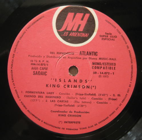 King Crimson / Islands Argentina запись Music Hall этикетка 