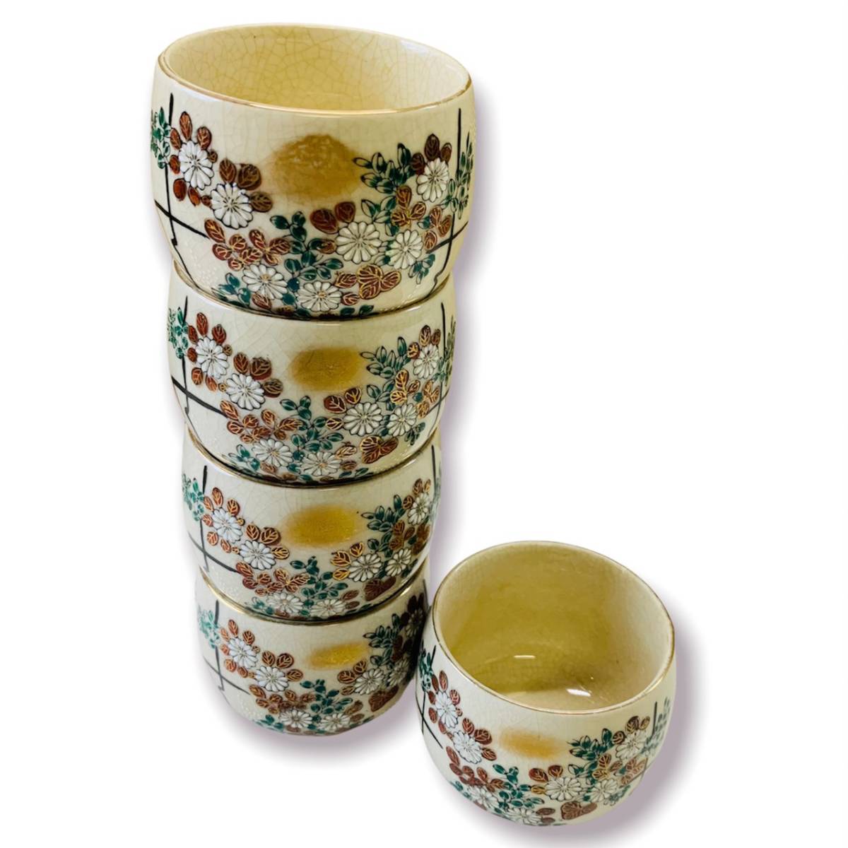 九谷焼 赤絵間取格子菊 湯呑5客揃 高級茶器 伝統工芸品