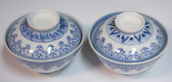 青 古伊万里/染付瓔珞文蓋付ご飯茶碗/2客/江戸時代(夫婦茶碗セット飯碗民芸生活骨董食器古美術K122