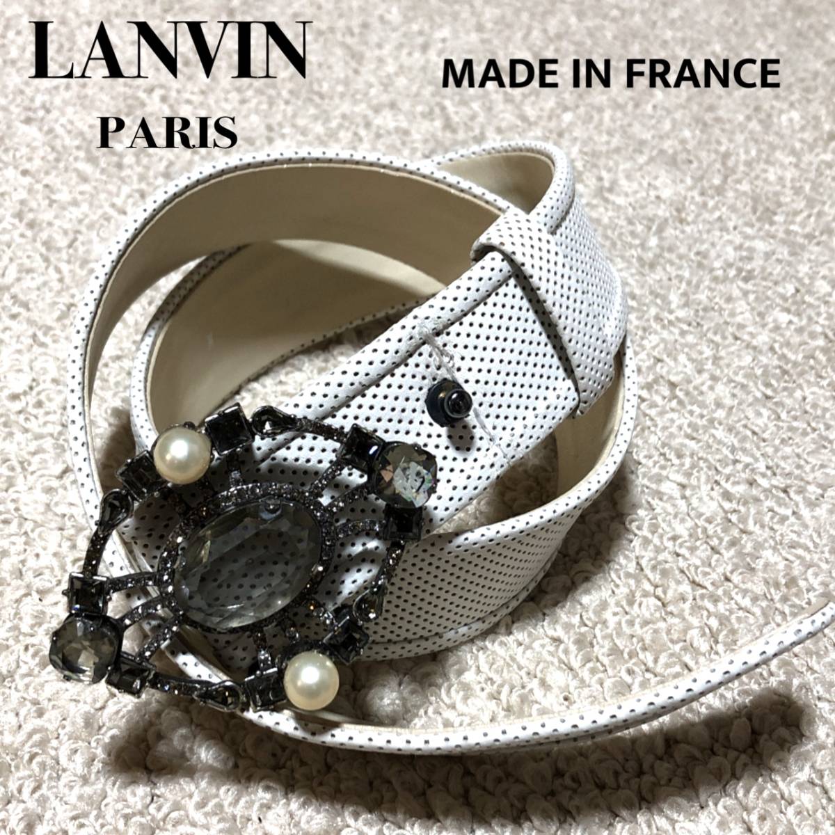 LANVIN ランバン フランス製 ビジューバックルベルト 白 M/パンチングレザー
