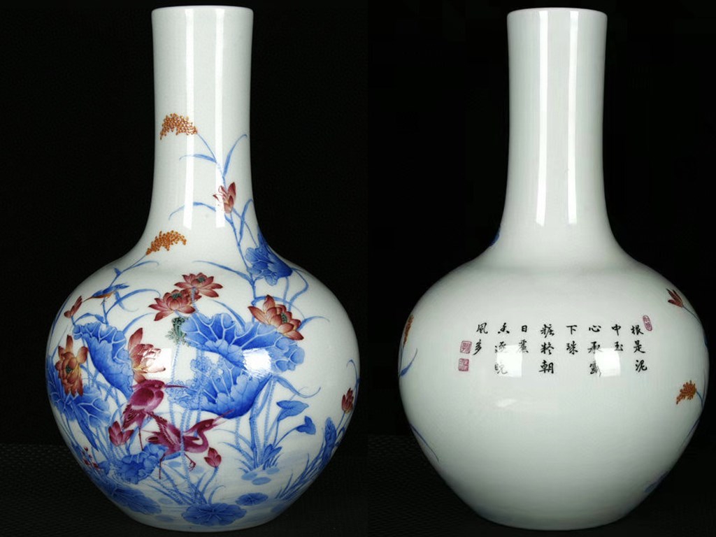 多寶屋】ND284□中国古美術陶磁器琺瑯彩描金蓮池花鳥紋天球瓶