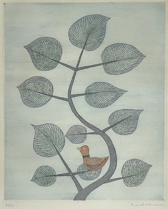 南桂子「枝の上の鳥Bird on Branch」銅版画1973年/富山県出身/壷井栄・森芳雄に師事/真作保証_画像1