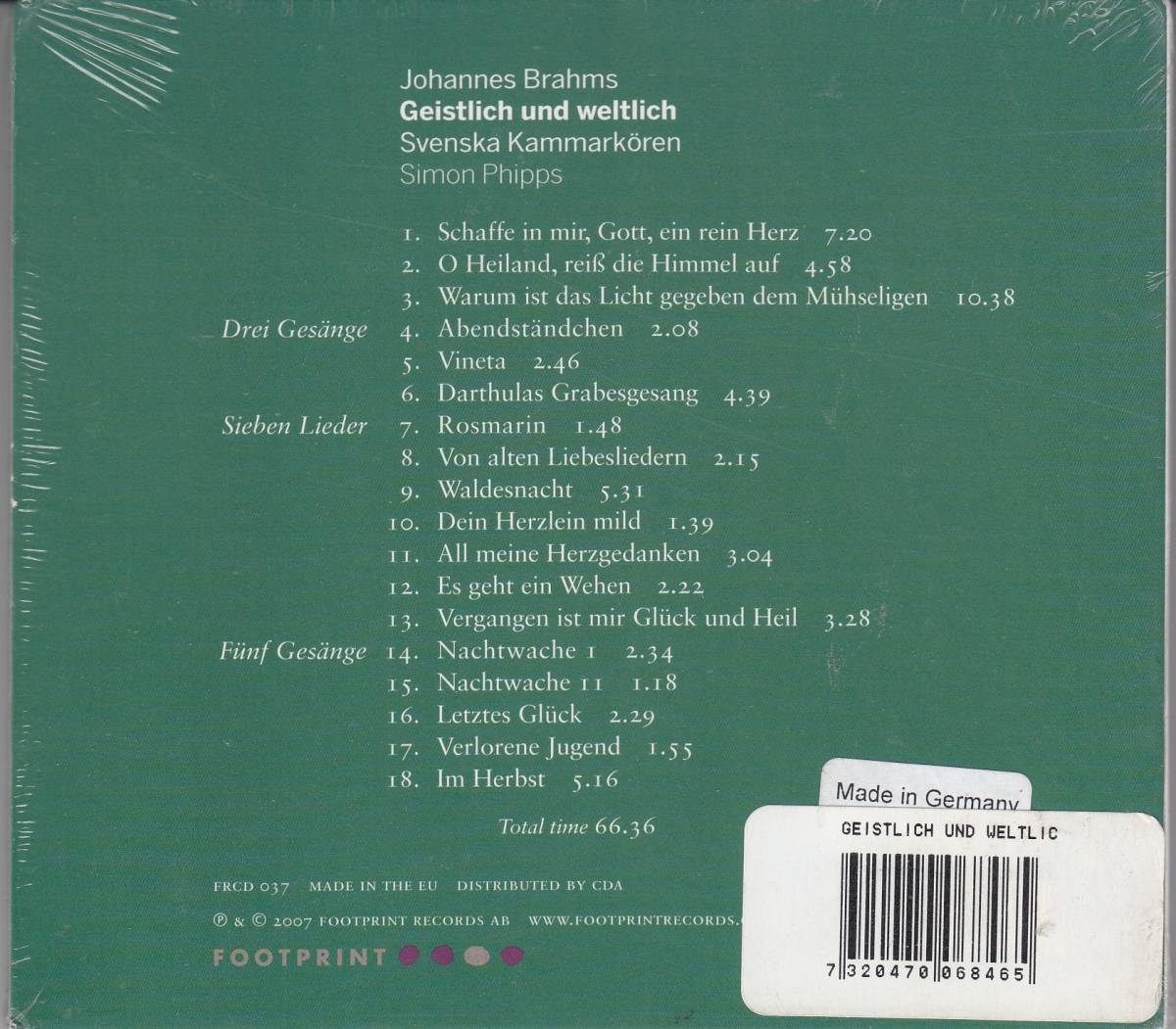[CD/Footprint]ブラームス:3つの歌Op.42&7つの歌曲Op.62&5つの歌Op.104他/S.フィップス&スウェーデン室内合唱団_画像2