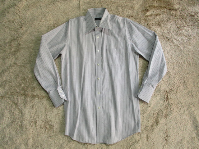 メンズ　PAZZO collection　N.MASAKI　ストライプ　綿100%　長袖ボタンシャツ　ワイシャツ　グレー系　L-84_画像1