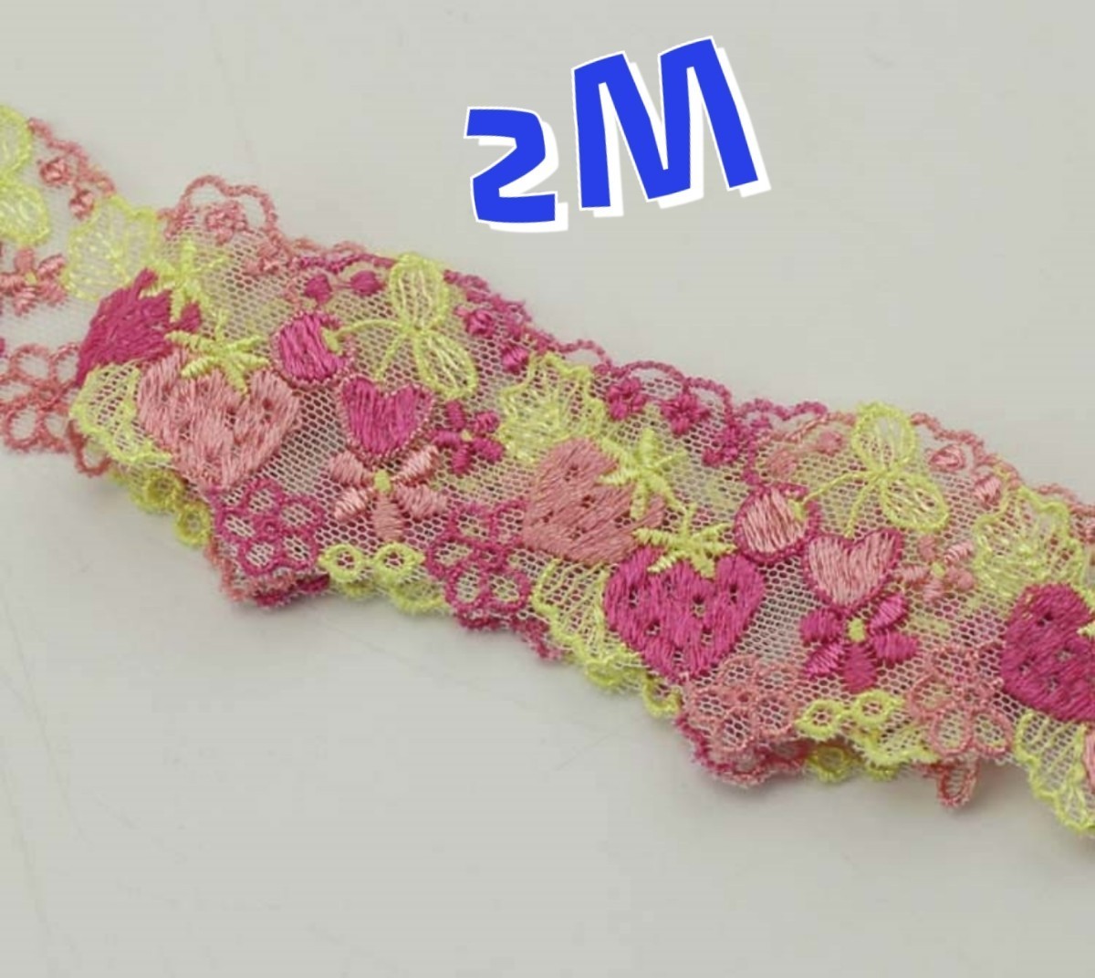 2m→可愛い両サイド刺繍ミックス色 イチゴさくらんぼ　小花刺繍　チュールレース