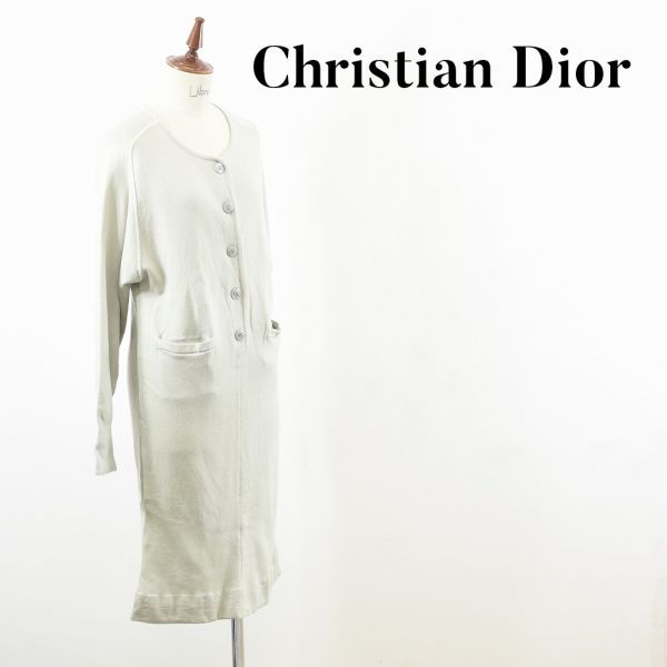 AW A0059 Christian Dior クリスチャンディオール 長袖 ワンピース ドレス 伸縮 ニット セーター ハーフボタン ブランドボタン グレー L_画像1