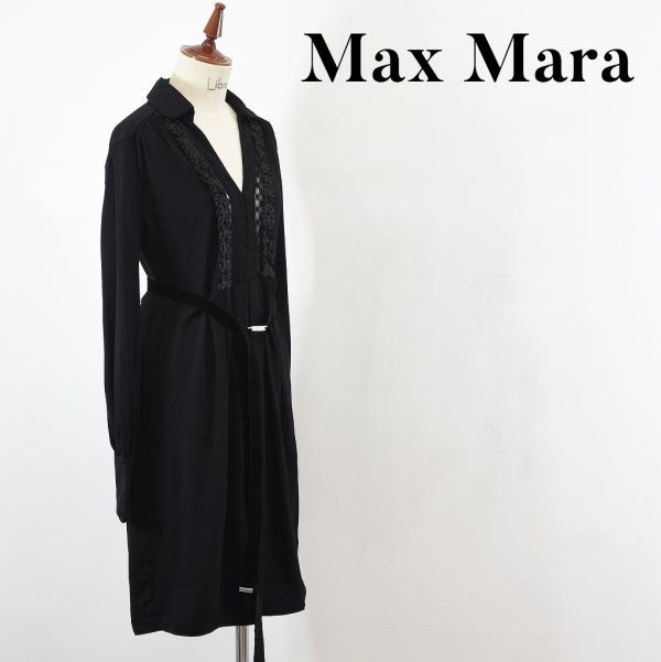 SS A1053 Max Mara マックスマーラ SPORTMAX 伸縮 ニット セーター 膝丈 ロング ワンピース ドレス ブラック リボン フリル レース タック_画像1