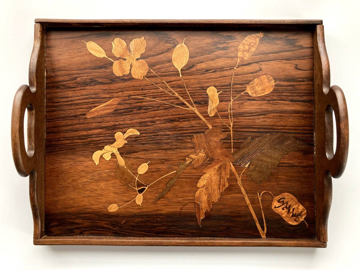 エミール　ガレ　19世紀 植物紋　両手付盆 寄木　象嵌　マルケットリー　トレイ　トレー　アールヌーボー　アンティーク