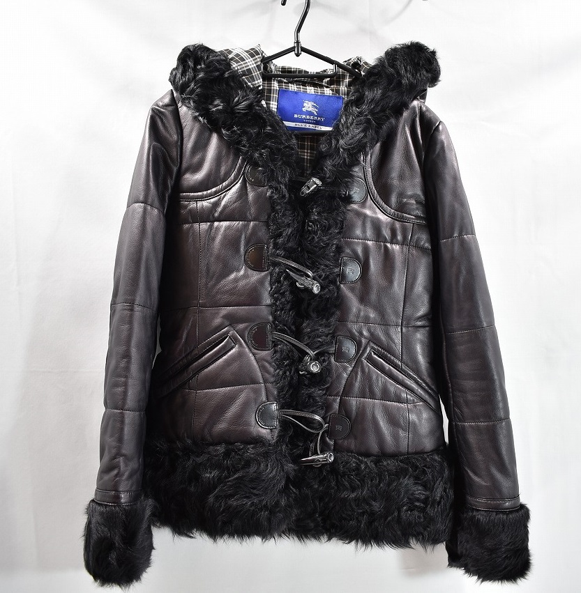 BURBERRY BLUE LABEL】羊革ラムレザーフードJKT黒38毛皮ダッフル本革