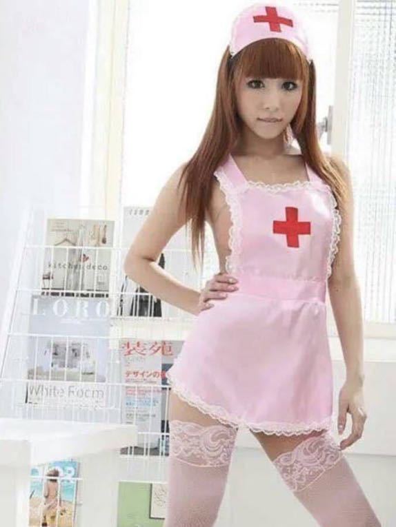 新品 未使用 送料無料bn5ピンク エプロン風ナース服と露出度が高いセクシーナースコスプレ 背中見せ ナースキャップ看護婦衣装裸エプロンの画像5