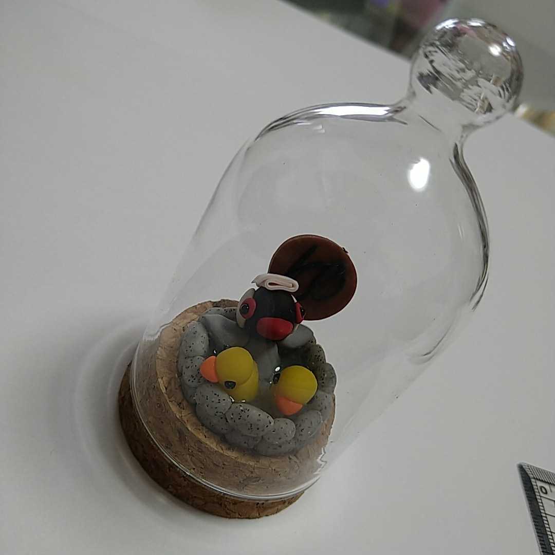 * hand made * writing bird san hot spring ornament * miniature * resin clay * oven k Ray * glass dome attaching *