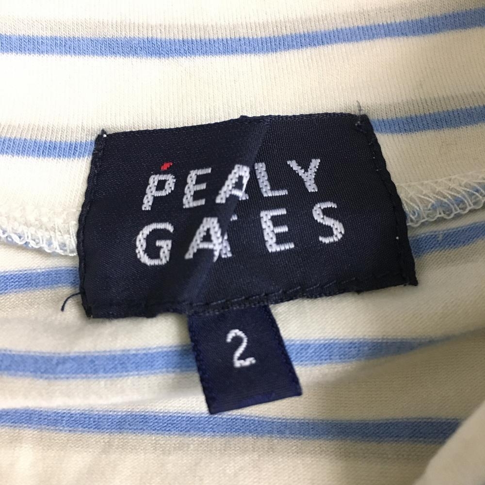 【美品】PEARLY GATES パーリーゲイツ 長袖ハイネックシャツ ライトブルー×白 ボーダー 半端袖 バックロゴ レディース 2[L] ゴルフウェア_画像3