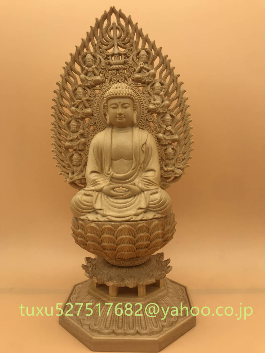 【仏教美術・仏像】檜木製　釈迦如来 釈迦牟尼 座像　木彫り　細密彫刻　飾り置物　彫刻工芸品
