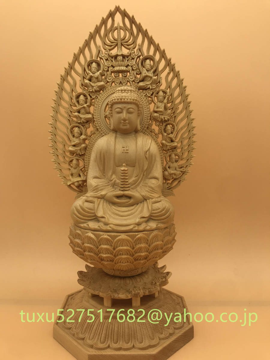 【仏教美術・仏像】檜木製　薬師如来座像　木彫り　細密彫刻　飾り置物　彫刻工芸品