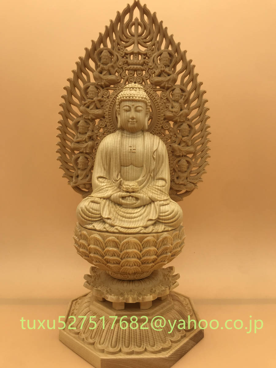 仏教美術・仏像】檜木製 阿弥陀如来座像 木彫り 細密彫刻 飾り置物