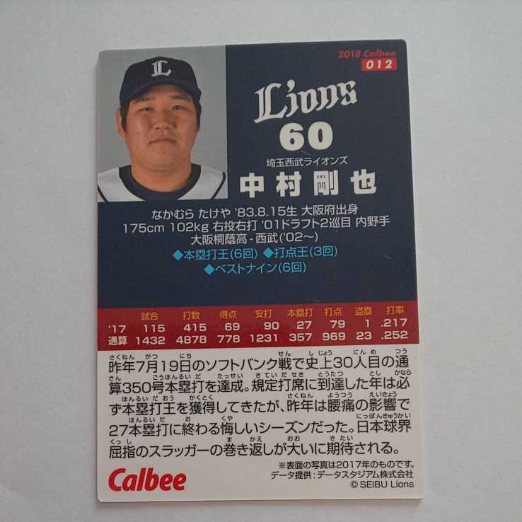 カルビー プロ野球チップスカード 埼玉西武ライオンズ 中村剛也 未使用品 美品_画像2