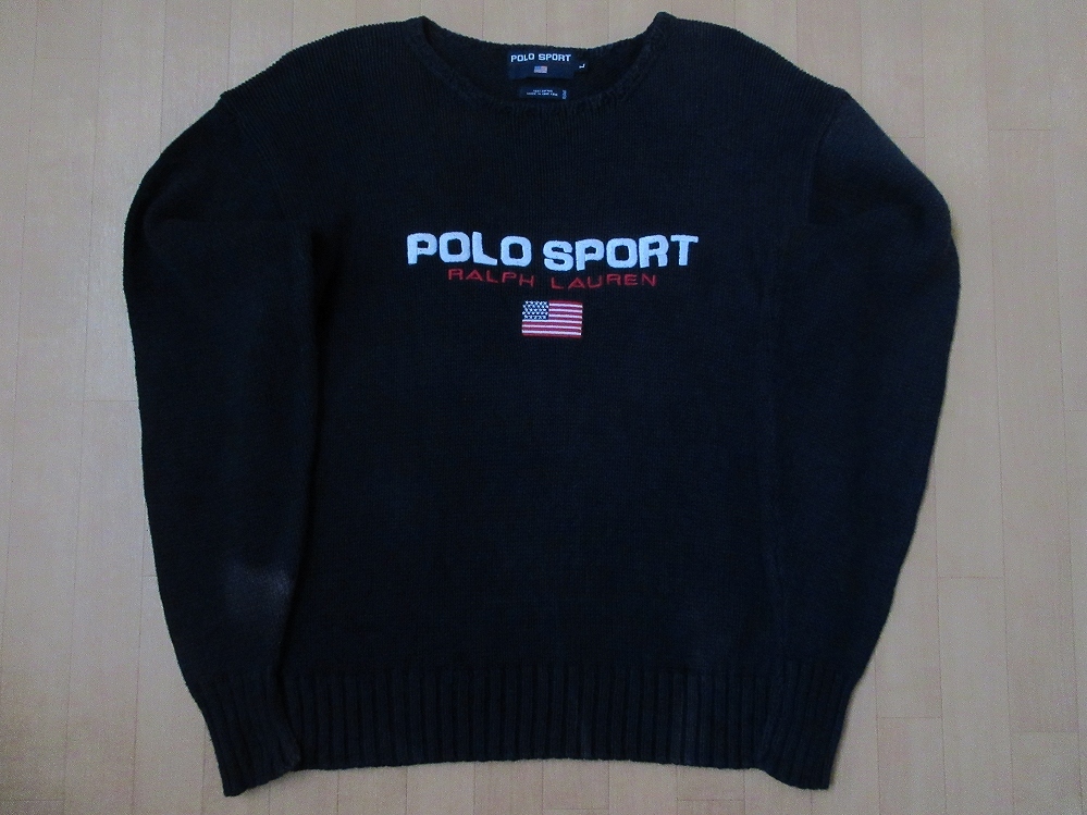 90's POLO SPORT 星条旗 ロゴ コットン ニット セーター L ネイビー ポロ スポーツRALPH LAUREN ラルフローレン アメリカ 国旗USA綿 ラルフ