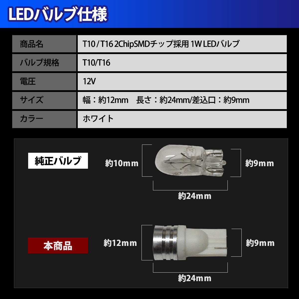 T10 T16 LED バルブ ポジションランプ 車幅灯 ポジション球 ポジション灯 ライセンスランプ ナンバー灯 1W 2個セット 2ChipSMD 12V専用_画像5