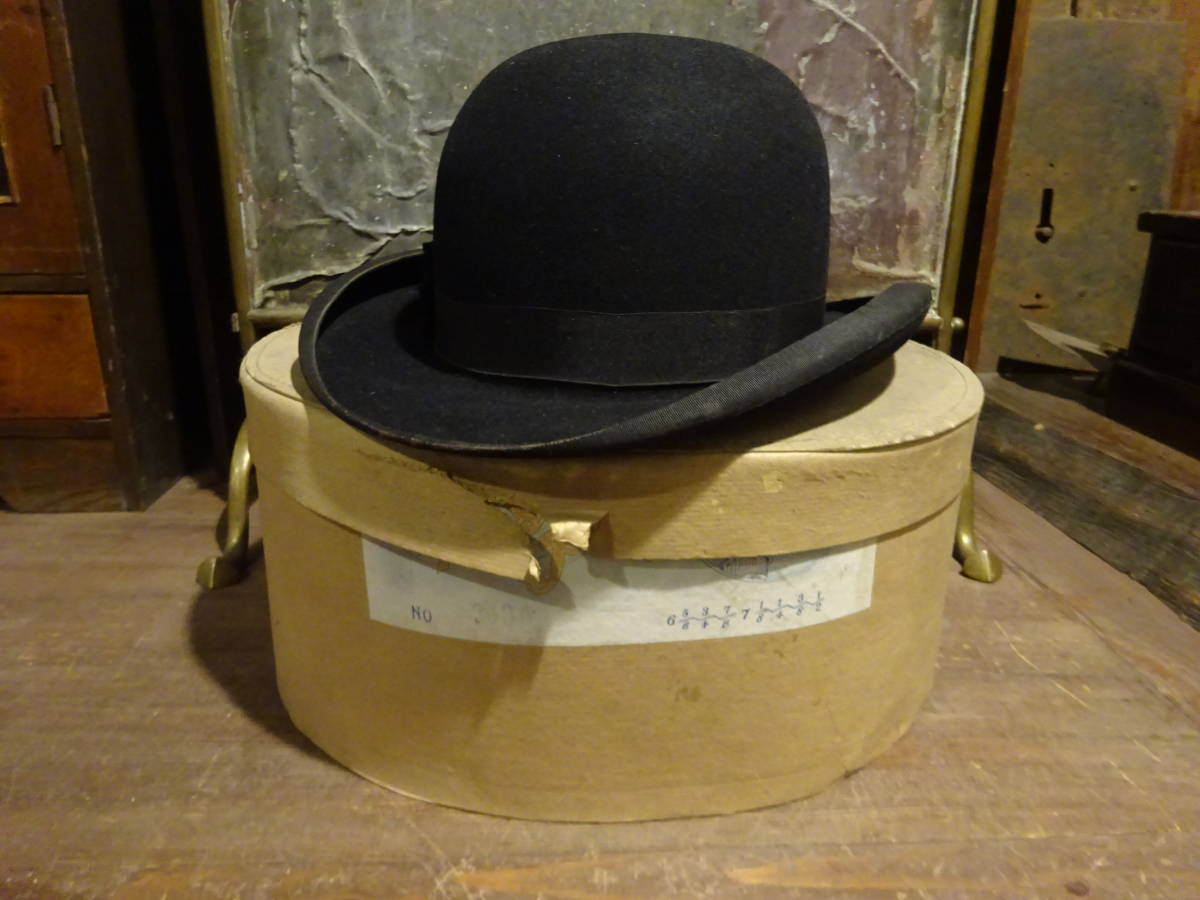 ボーラーハット 頭囲53㎝帽子箱付き付き古着ヴィンテージ本革レザー 