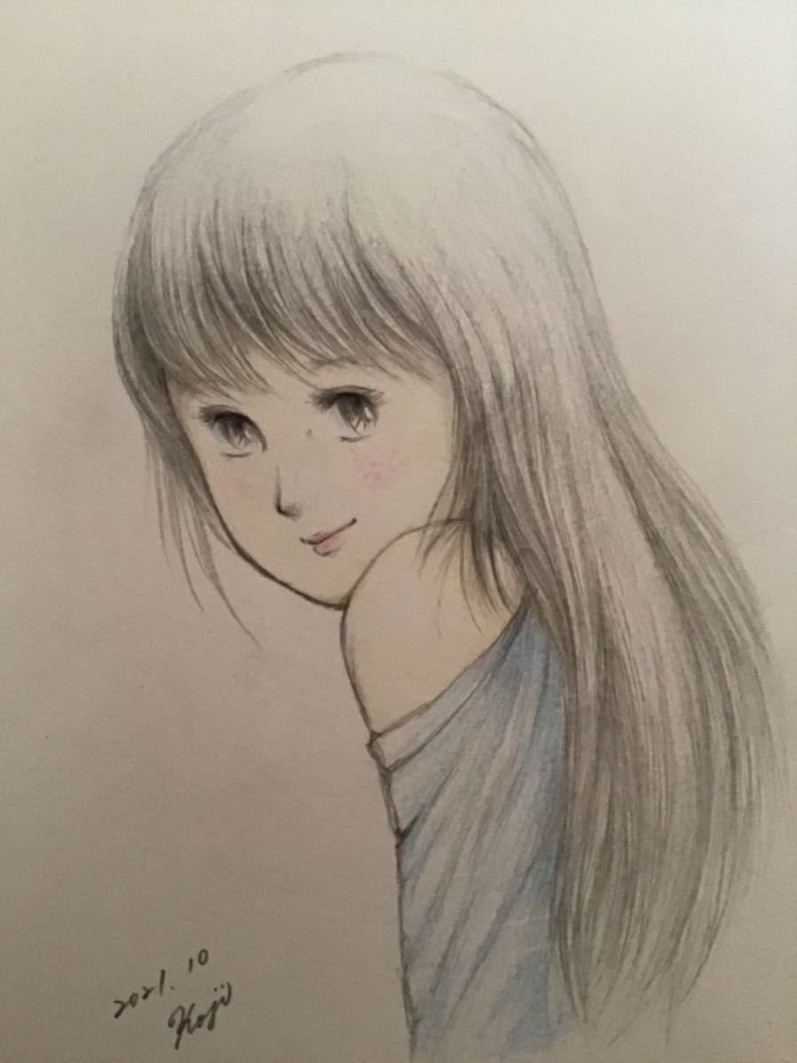 手書きイラスト 女の子 サイズ16 5 11 5 トップスの少女 ボールペン 新品 画用紙 色鉛筆 鉛筆 人気カラーの トップスの少女