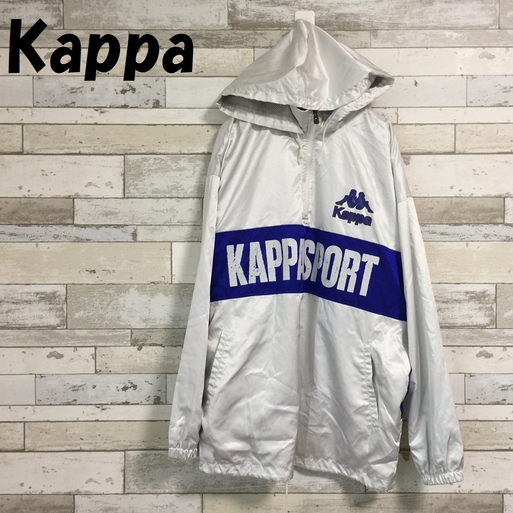 【人気】Kappa/カッパ ビッグロゴ ハーフジップ ナイロンパーカー シルバーｘブルー サイズL/A1360_画像1