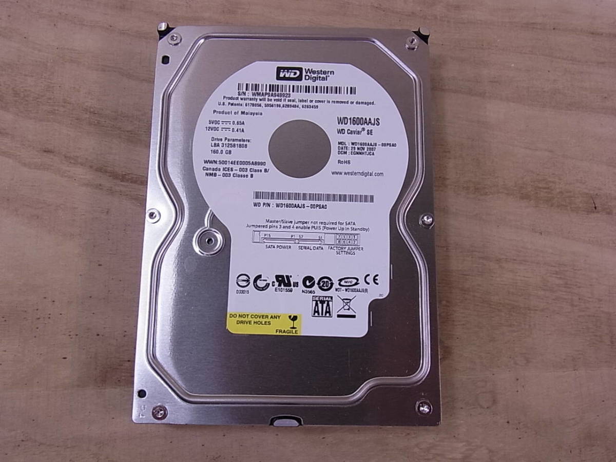 ◎G/101●ウェスタン・デジタル Western Digital☆3.5インチHDD(ハードディスク)☆160GB SATA300 7200rpm☆WD1600AAJS☆中古品_画像1