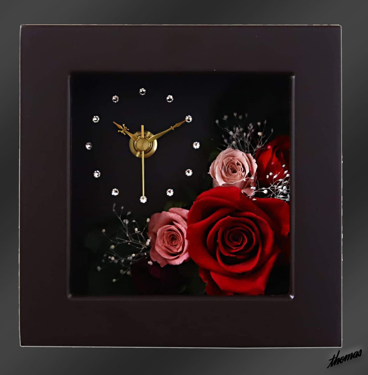 【華やかな赤い薔薇を際立たせる】 ブリザードフラワー 置時計 ローズ スワロフスキー 高級感 贈り物 プレゼント レッド