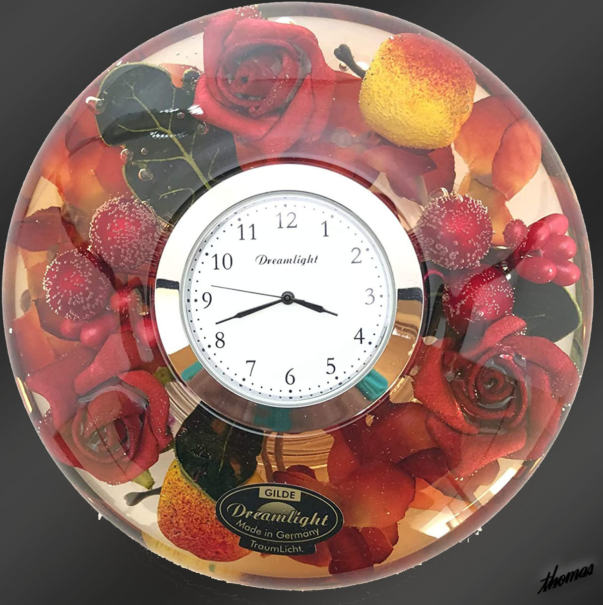 【薔薇×フルーツ】 置時計 フラワー ディスプレイ台付き コンパクトサイズ インテリア モダン ガラス プレゼント ローズフルーツ