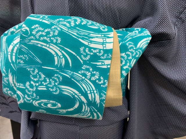 新柄 片貝木綿 半巾帯 ターコイズ系 日本の伝統織物 老舗染織工房「紺 