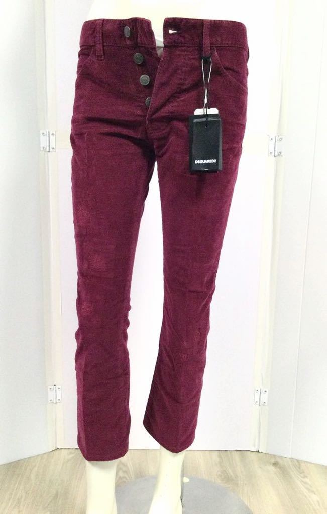 新品「DSQUARED2」“S72LB0162/KICK JEAN” ダメージ加工 アンクル丈 コーデュロイパンツ Bordeaux SIZE:38 イタリア製