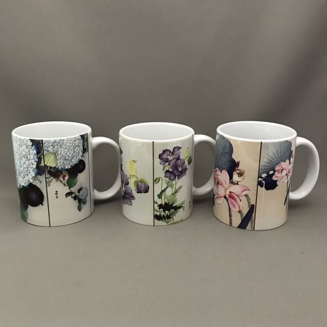 送料無料 小原古邨 花鳥画マグカップ3個セット 蓮に雀、紫陽花に雀、芥子に金糸雀