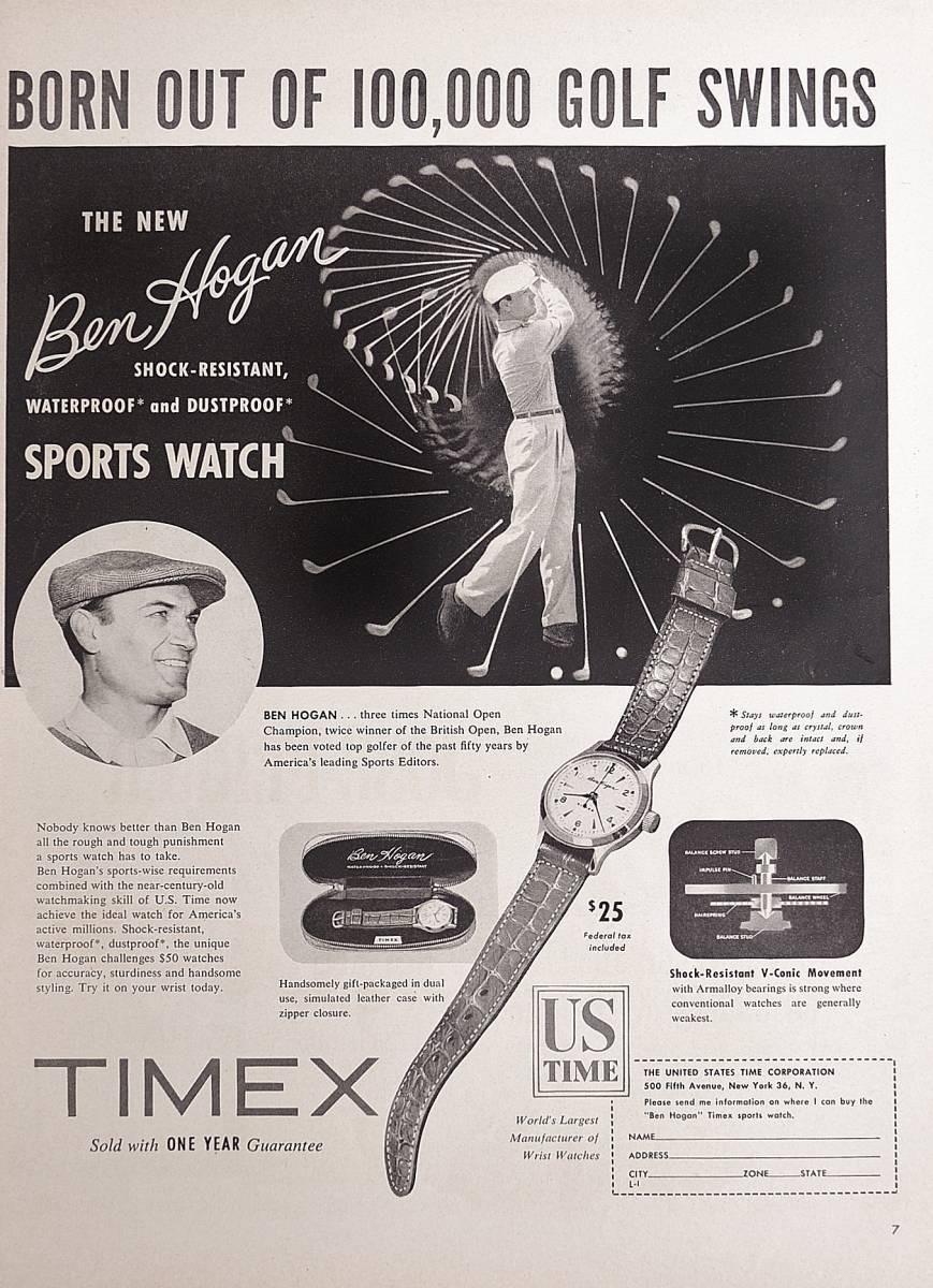 稀少！1950年代タイメックス 時計広告/Timex Watches/ベン・ホーガン/ゴルフ/O_画像1