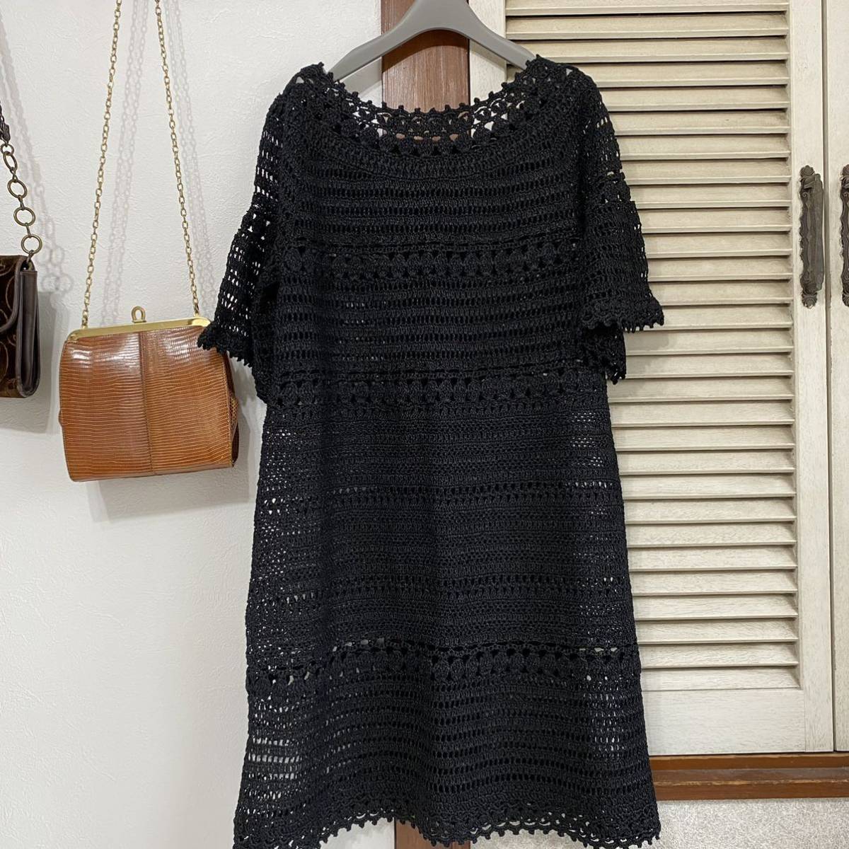 [ beautiful goods ]KEITA MARUYAMA Keita Maruyama * lacework key braided Japanese paper cotton knitted black tunic One-piece a21101607