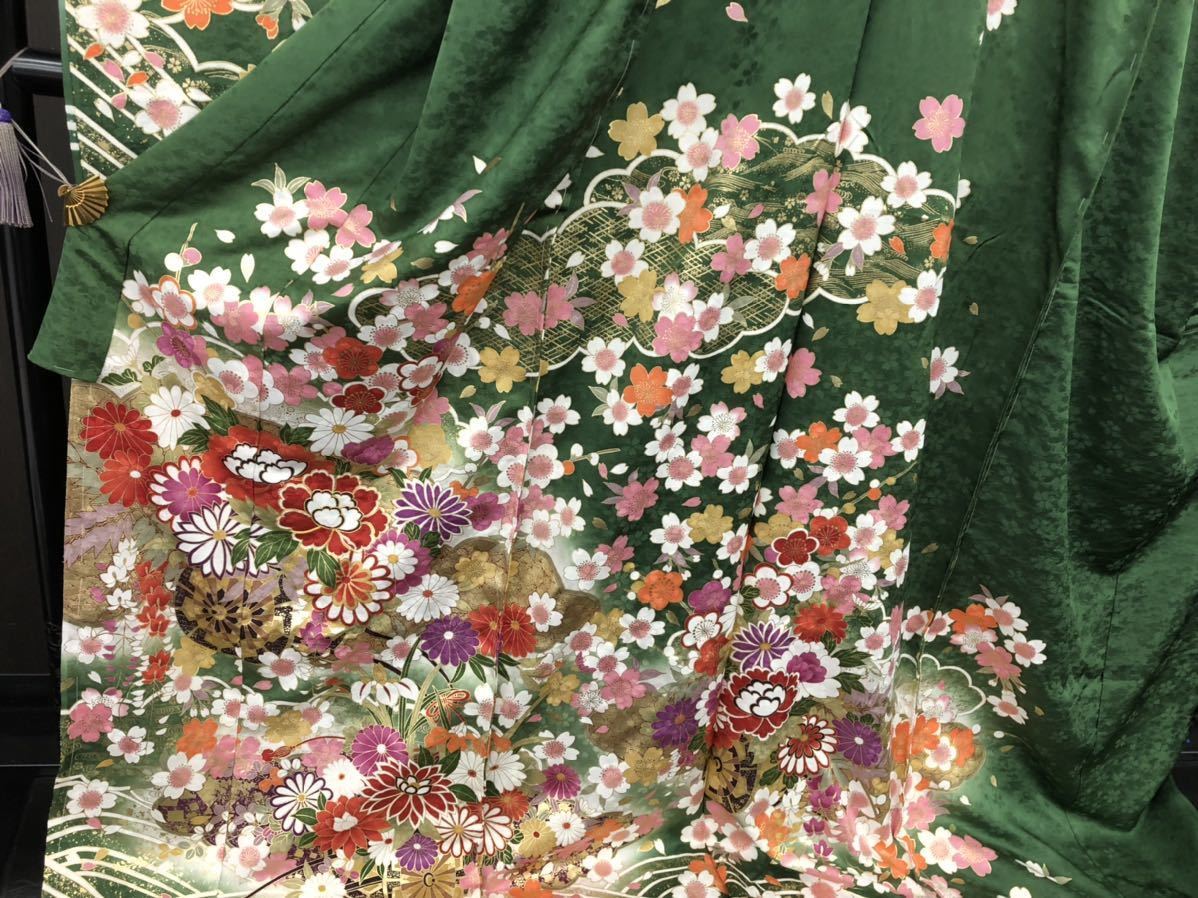  simplified silk long-sleeved kimono deep green gold paint classic temporary . feather coming-of-age ceremony wedding 