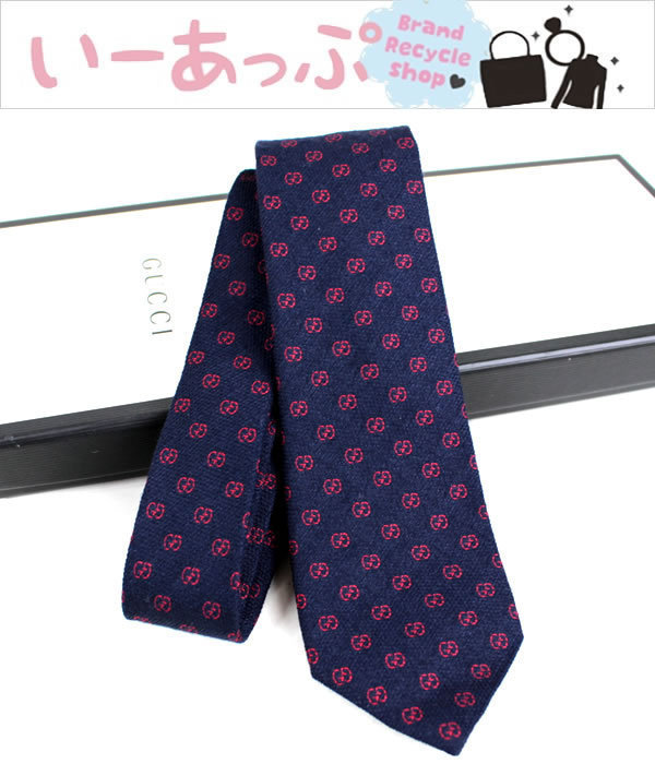 いいスタイル グッチ ネクタイ ダブルG 極美品 ネイビー×レッド GUCCI