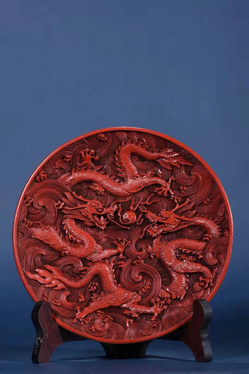 税込】 ・中国古美術101950 ・中国古玩 『大珍品・漆器彫・剔紅・二龍 