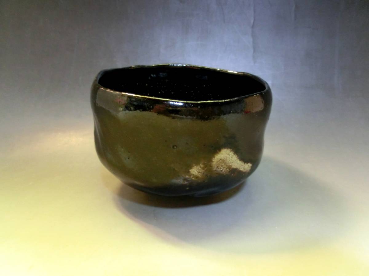 茶碗□佐々木松楽 黒楽 抹茶碗 山の図 富士 お茶道具 京焼 古美術