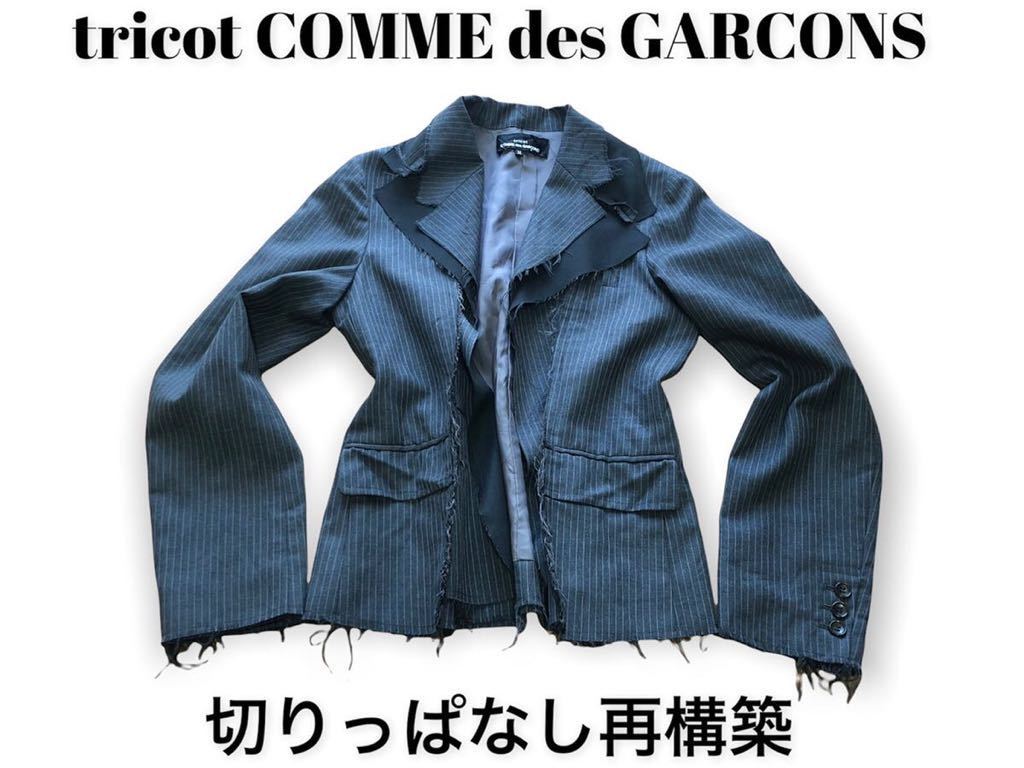 【幻】tricot COMME des GARCONS(トリコ コム デ ギャルソン)AD2003 切りっぱなし再構築ウールストライプテーラードジャケット グレー_画像1