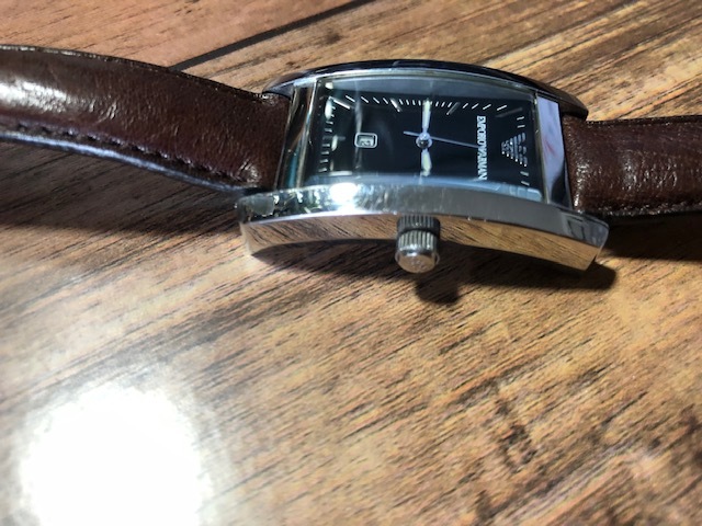  отличный EMPORIO ARMANI Emporio Armani AR-0121 Date серебряный × черный Brown кожа ремень кварц boys наручные часы 