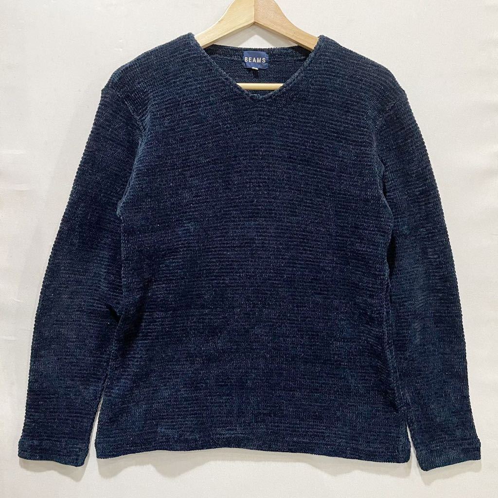 美品! BEAMS (ビームス) Vネック モール ニット (M) NAVY | Mens メンズ ネイビー セーター 日本製_画像1