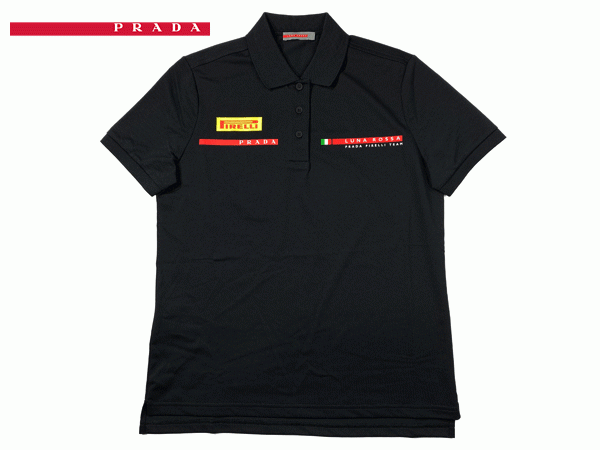  Prada PRADA NJ201D NERO luna rosa Prada Pirelli Linea rosa Logo Mark entering lady's oriented Nero black polo-shirt with short sleeves L