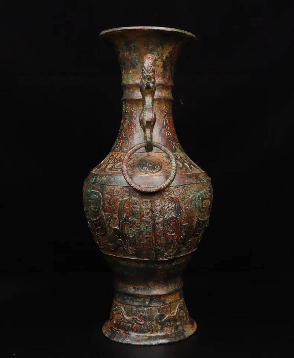 戦漢・館蔵珍品・古青銅器彫・青銅双龍扁瓶』極細工・骨董品・古賞物