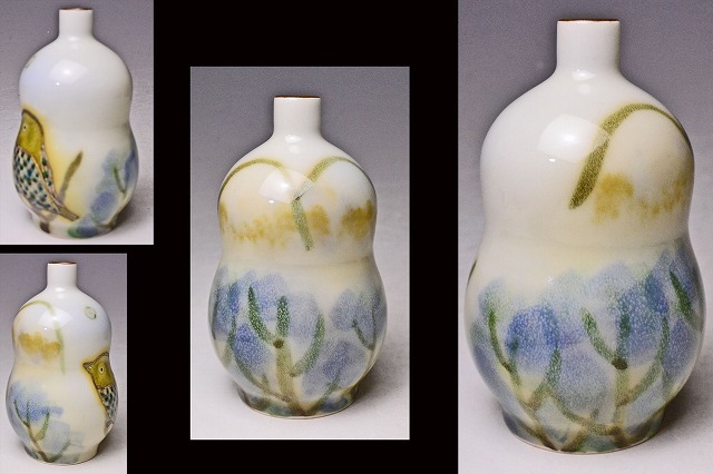伊藤北斗 ☆ 色絵 鳥文 瓢箪 徳利 ☆ 共箱 共布 ☆ 師:人間国宝 伊藤北斗 ☆ 色絵 鳥文 瓢箪 徳利 ☆ 共箱 共布 ☆ 師:人間国宝