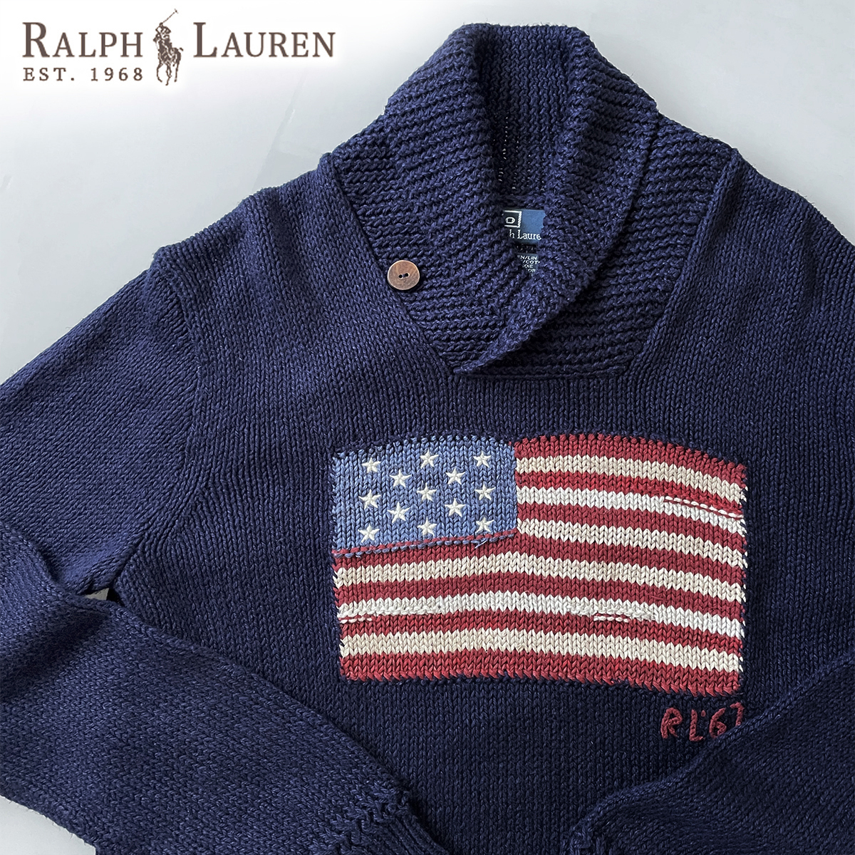Ralph Lauren 星条旗 柄 セーター 紺 ネイビー 綿 コットン ニット 丸