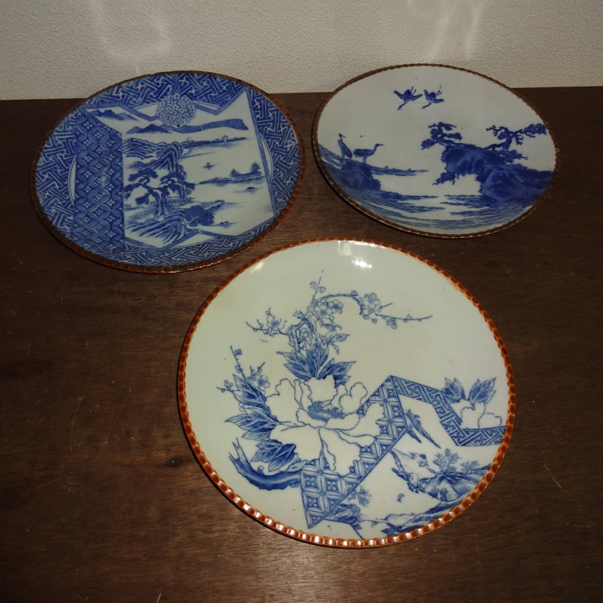 染付青絵皿3枚 古い絵皿 伊万里焼 直径30cm前後 セール開催中 青絵皿 工芸品